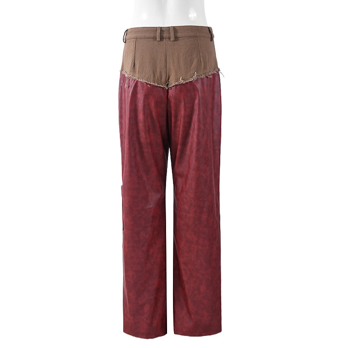 SUPER WHOLESALE | Fringe Patchwork Washed Color-Block PU Casual Pants