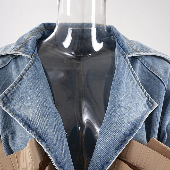 SUPER WHOLESALE |Collared Ruffled Hem Color-Block Patchwork Denim Jacket