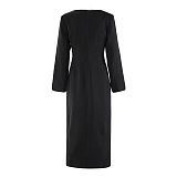 SUPER WHOLESALE | Color-Block Waist-Cinching Slit Bell-Sleeve Dress