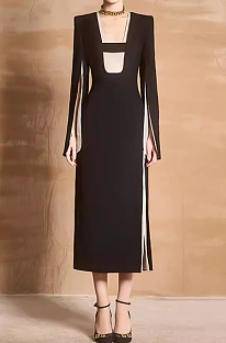 SUPER WHOLESALE | Color-Block Waist-Cinching Slit Bell-Sleeve Dress