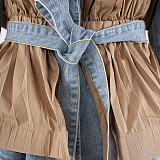 SUPER WHOLESALE |Collared Ruffled Hem Color-Block Patchwork Denim Jacket