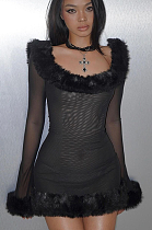 SUPER WHOLESALE | Fur Collar Long-Sleeve Off-Shoulder Fitted Dres