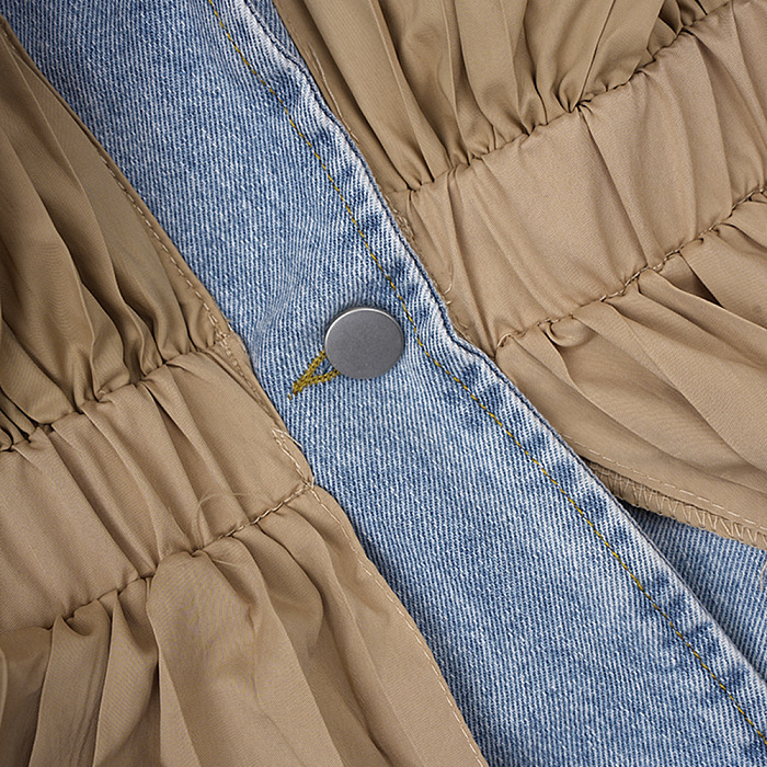 SUPER WHOLESALE |Collared Ruffled Hem Color-Block Patchwork Denim Jacket