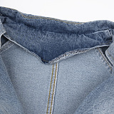 SUPER WHOLESALE |Collared Ruffled Hem Color-Block Patchwork Denim Jacket