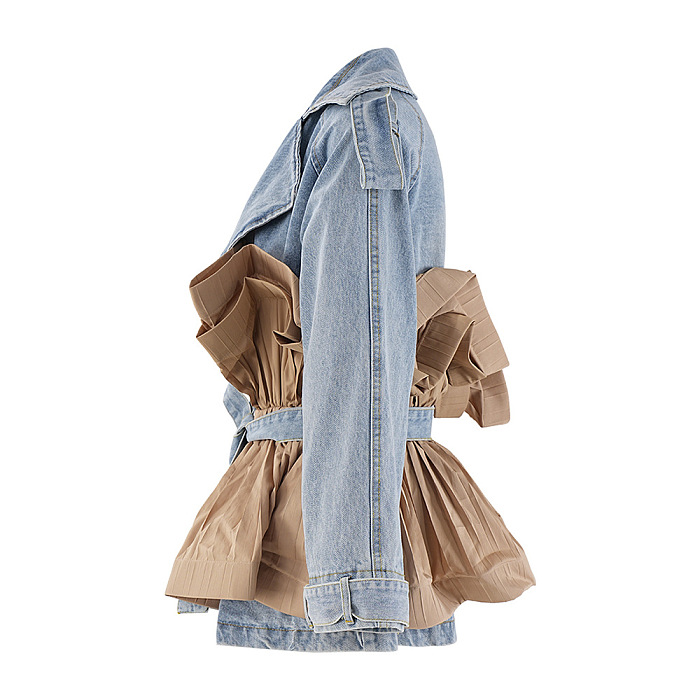 SUPER WHOLESALE |Collared Ruffled Hem Color-Block Patchwork Denim Jacket