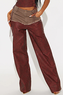 SUPER WHOLESALE | Fringe Patchwork Washed Color-Block PU Casual Pants