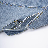 SUPER WHOLESALE |Collared Ruffled Hem Color-Block Patchwork Denim Jacket