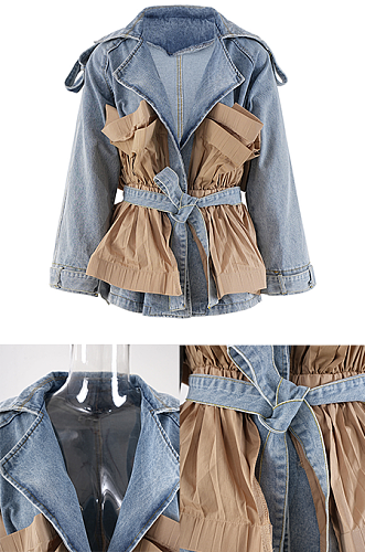 SUPER WHOLESALE |Collared Ruffled Hem Color-Block Patchwork Denim Jacket