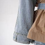 SUPER WHOLESALE |Collared Ruffled Hem Color-Block Patchwork Denim Jacket