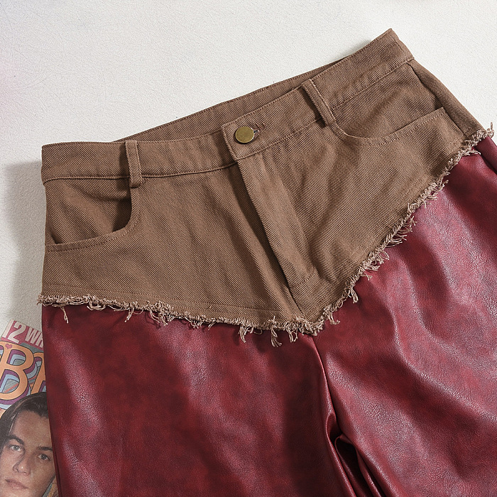 SUPER WHOLESALE | Fringe Patchwork Washed Color-Block PU Casual Pants