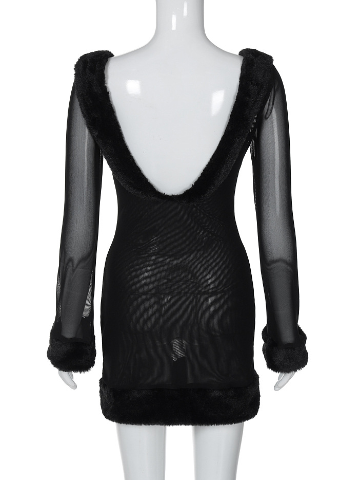 SUPER WHOLESALE | Fur Collar Long-Sleeve Off-Shoulder Fitted Dres
