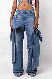 SUPER WHOLESALE | Patchwork Bow Tie-Wash Denim Pants