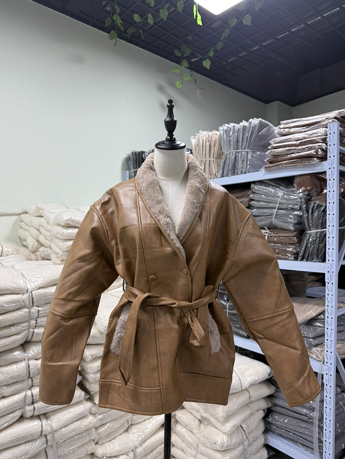 SUPER WHOLESALE | Cashmere Leather Fur Collar Composite Belted Coat