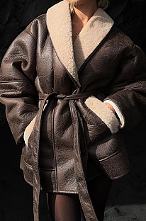 SUPER WHOLESALE | Cashmere Leather Fur Collar Composite Belted Coat