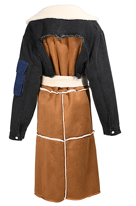 SUPER WHOLESALE | Patchwork Lamb Wool Lining Oversized Collared Long Thick Coat