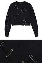 SUPER WHOLESALE | Distressed Hole With Safety Pin Decorated Knit Sweater