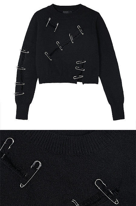 SUPER WHOLESALE | Distressed Hole With Safety Pin Decorated Knit Sweater