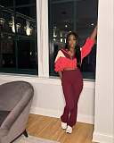 SUPER WHOLESALE | Color-Block Cropped High-Waist Flared Two-Piece Set in Wine Red