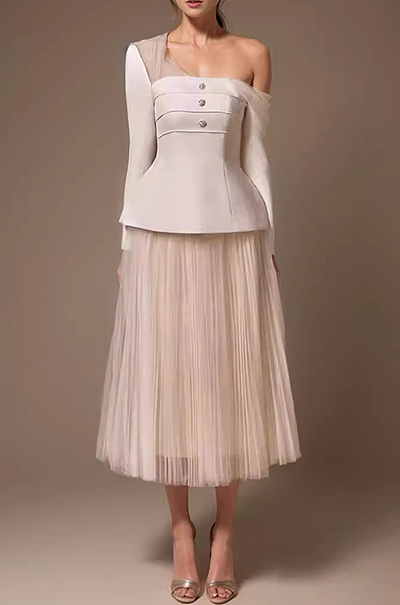 SUPER WHOLESALE |Asymmetric Shoulder Waist-Cinching Top With Lace Mesh Skirt Set