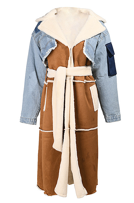 SUPER WHOLESALE | Patchwork Lamb Wool Lining Oversized Collared Long Thick Coat