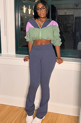 SUPER WHOLESALE | Color-Block Cropped High-Waist Flared Two-Piece Set