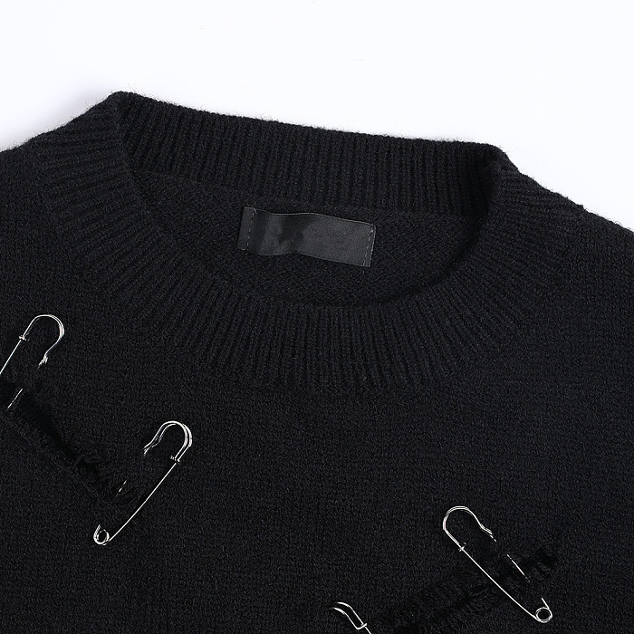 SUPER WHOLESALE | Distressed Hole With Safety Pin Decorated Knit Sweater