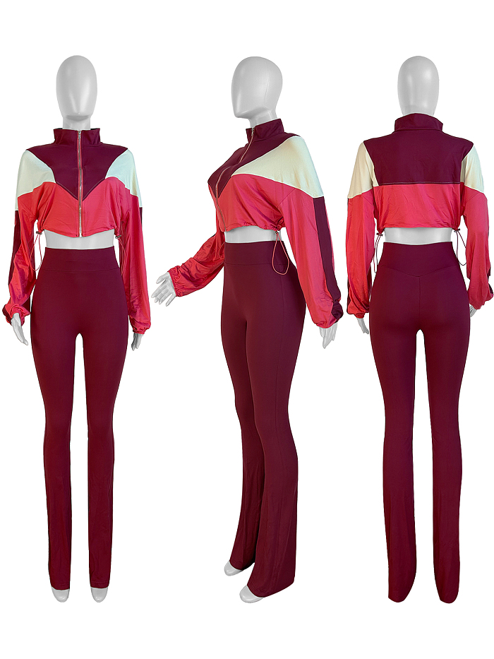 SUPER WHOLESALE | Color-Block Cropped High-Waist Flared Two-Piece Set in Wine Red