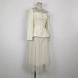 SUPER WHOLESALE |Asymmetric Shoulder Waist-Cinching Top With Lace Mesh Skirt Set