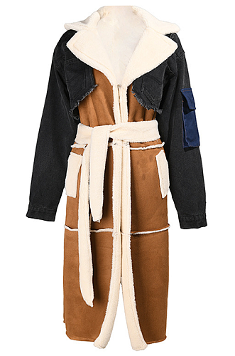 SUPER WHOLESALE | Patchwork Lamb Wool Lining Oversized Collared Long Thick Coat