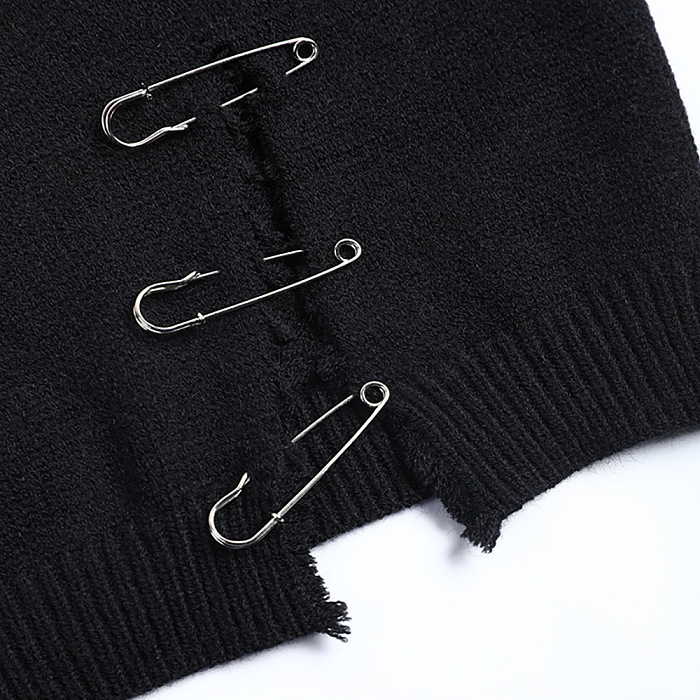 SUPER WHOLESALE | Distressed Hole With Safety Pin Decorated Knit Sweater