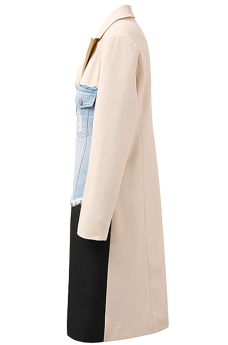 SUPER WHOLESALE | Denim Patchwork Single-Breasted Trench Coat