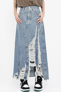 SUPER WHOLESALE | Frayed Hem Ripped Long Skirt