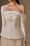 SUPER WHOLESALE |Asymmetric Shoulder Waist-Cinching Top With Lace Mesh Skirt Set