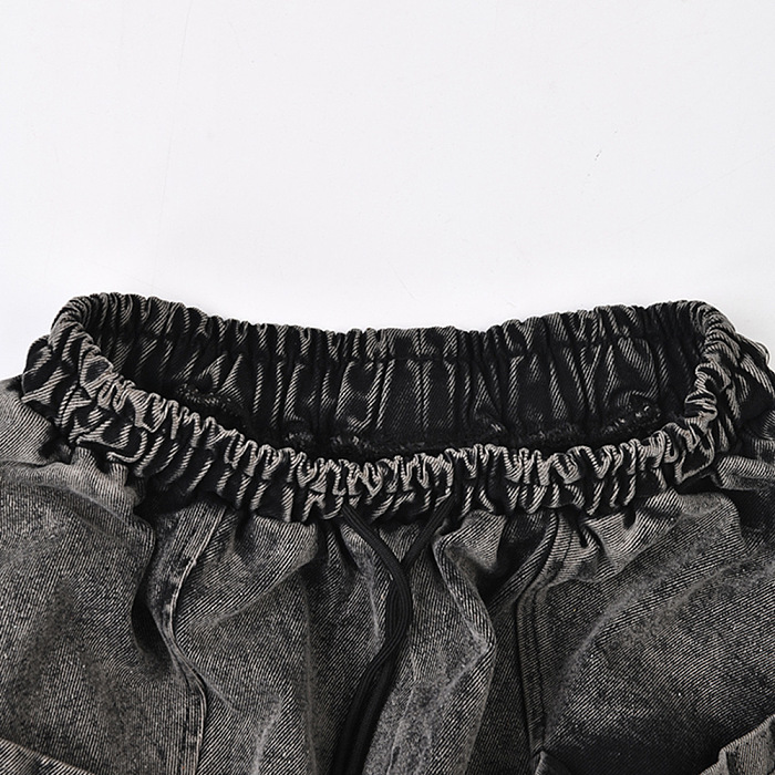 SUPER WHOLESALE | Vintage Washed Patchwork Woven Belt Denim Pants
