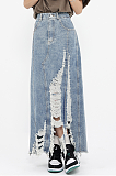 SUPER WHOLESALE | Frayed Hem Ripped Long Skirt