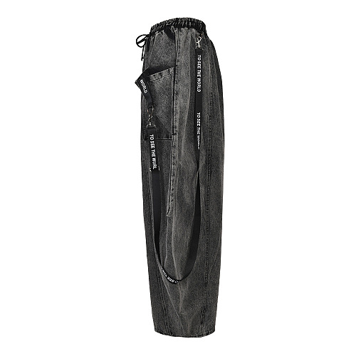 SUPER WHOLESALE | Vintage Washed Patchwork Woven Belt Denim Pants