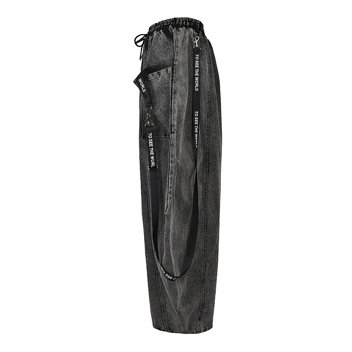 SUPER WHOLESALE | Vintage Washed Patchwork Woven Belt Denim Pants