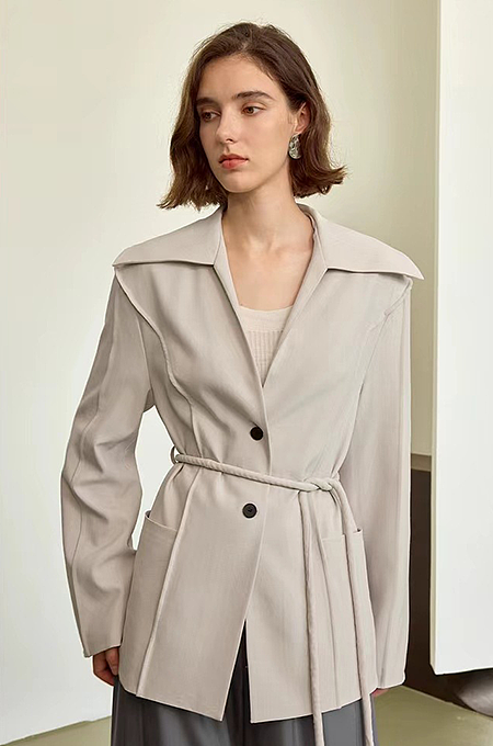 SUPER WHOLESALE | Navy Collar Tie-Waist Loose Blazer