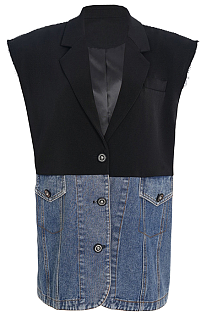 SUPER WHOLESALE | Denim Patchwork Color-Block Shoulder Cotton Blazer Vest