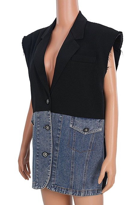 SUPER WHOLESALE | Denim Patchwork Color-Block Shoulder Cotton Blazer Vest