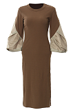 SUPER WHOLESALE | Color-Block Patchwork Puffed Sleeve Fitted Knit Dress