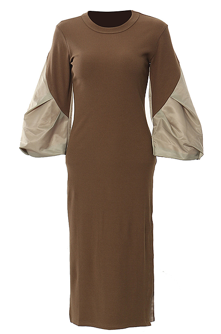 SUPER WHOLESALE | Color-Block Patchwork Puffed Sleeve Fitted Knit Dress
