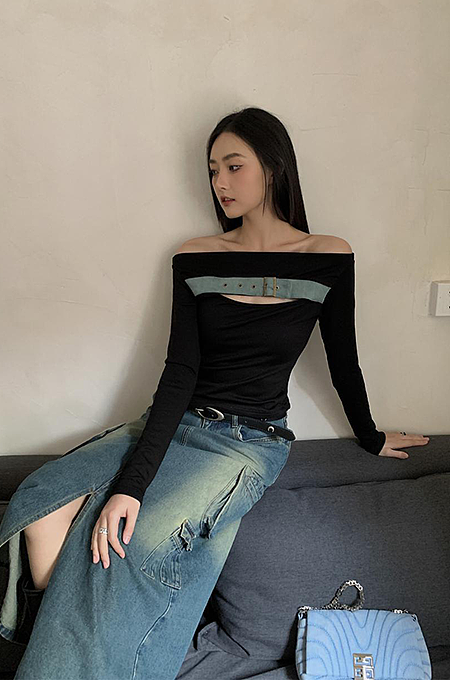 SUPER WHOLESALE | Patchwork Denim Off-Shoulder High-Stretch Knit Fitted T-Shirt