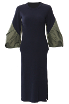 SUPER WHOLESALE | Color-Block Patchwork Puffed Sleeve Fitted Knit Dress