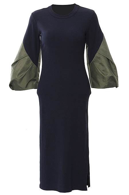 SUPER WHOLESALE | Color-Block Patchwork Puffed Sleeve Fitted Knit Dress