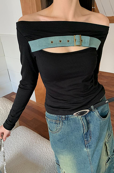 SUPER WHOLESALE | Patchwork Denim Off-Shoulder High-Stretch Knit Fitted T-Shirt