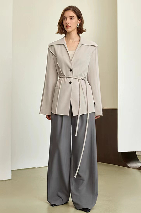 SUPER WHOLESALE | Navy Collar Tie-Waist Loose Blazer