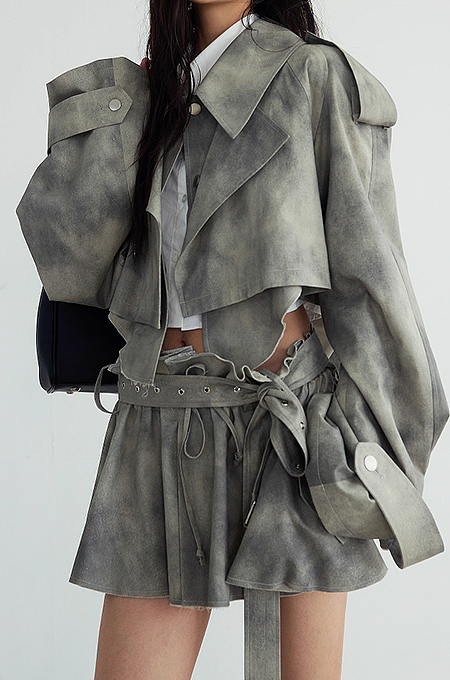 SUPER WHOLESALE | Camouflage Dyed Jacket Trench Coat + Skirt Casual Set