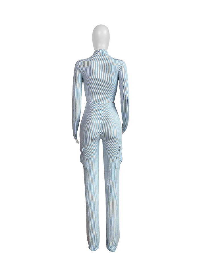 SUPER WHOLESALE | Stretch Twist Ribbed High-Waist Long-Sleeve Jumpsuit With Utility Pants Set