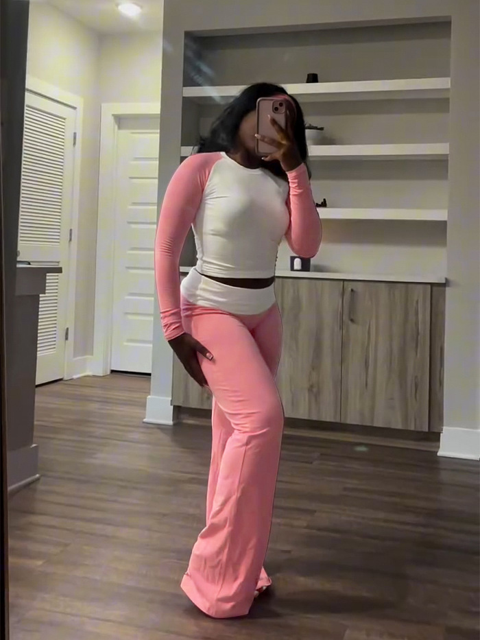 SUPER WHOLESALE | Color-Block Fitted High-Waist Folded Slim Pants Fleece Set